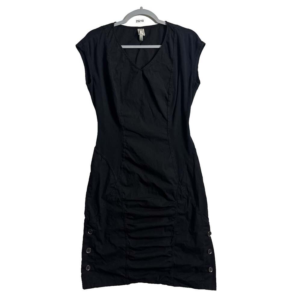 XCVI Women's XS Black Poplin Ruched Side Button Midi Dress Lagenlook Boho-Chic